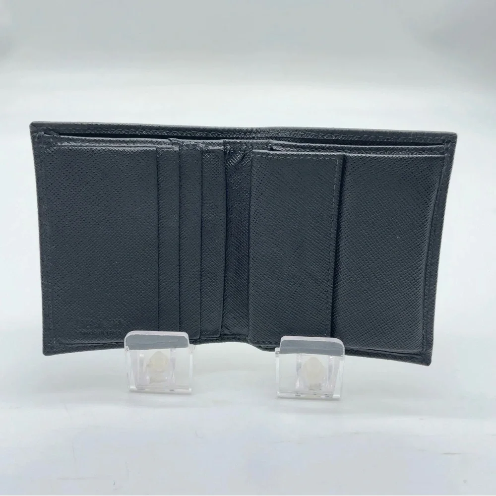 Prada Triangle Logo Saffiano Leather Black Bifold Wallet W/Box Authentic